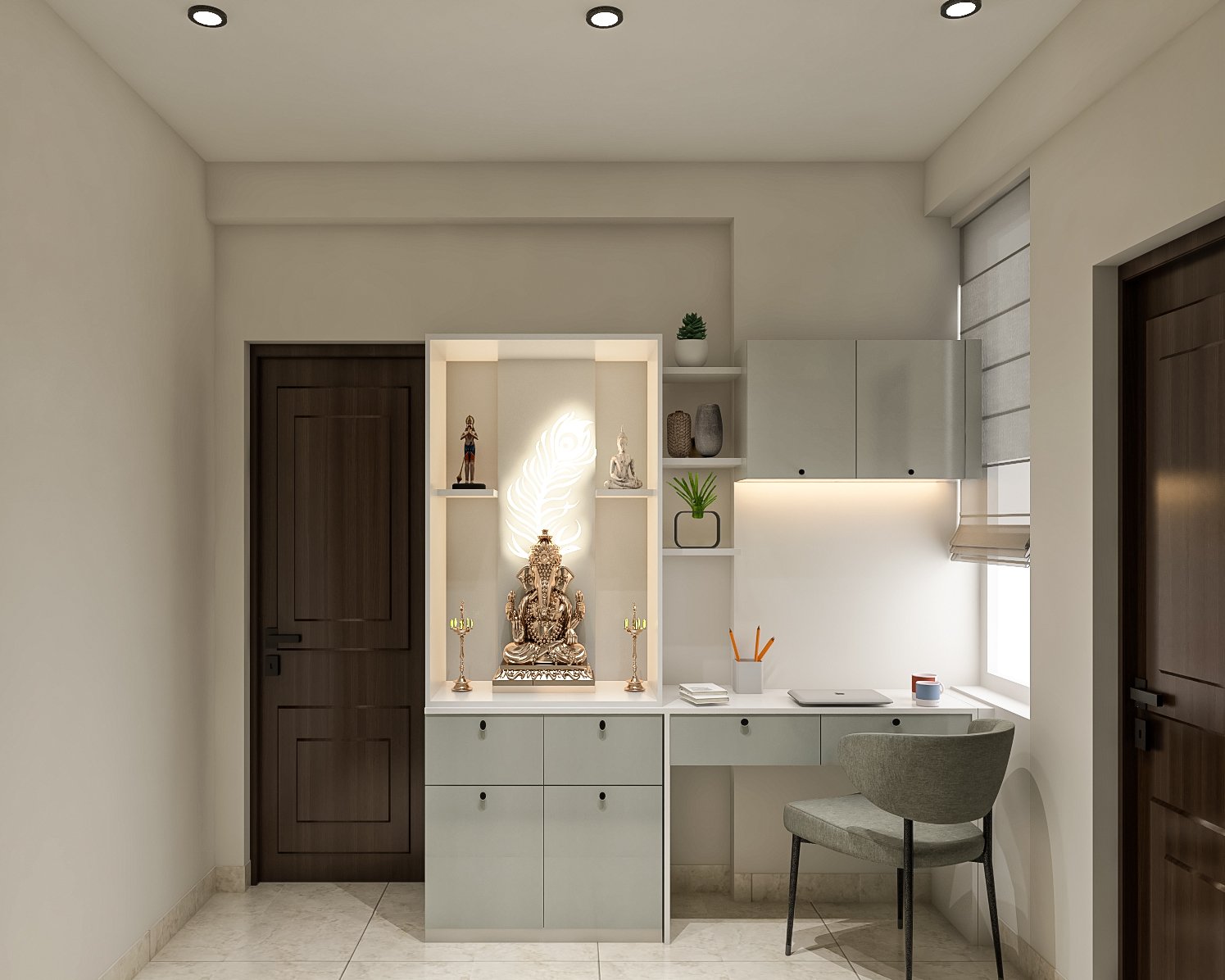 Contemporary Floor-Mounted Pooja Unit Design with Backlit Built-In Niche