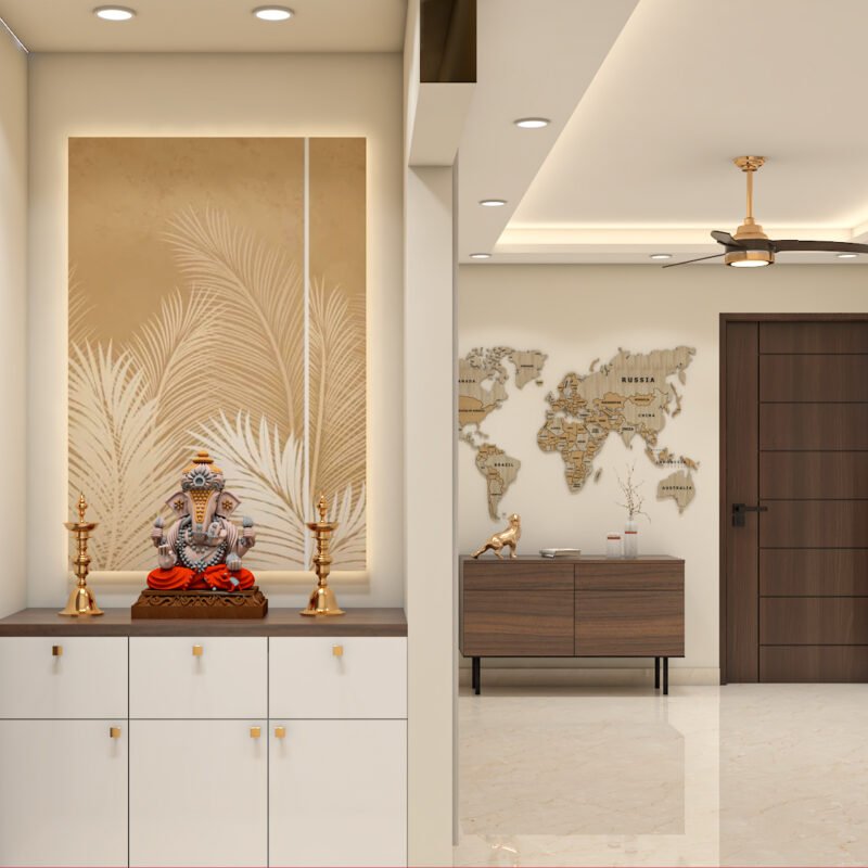 Contemporary Pooja Unit Design with Soft Backlit Leaf Design