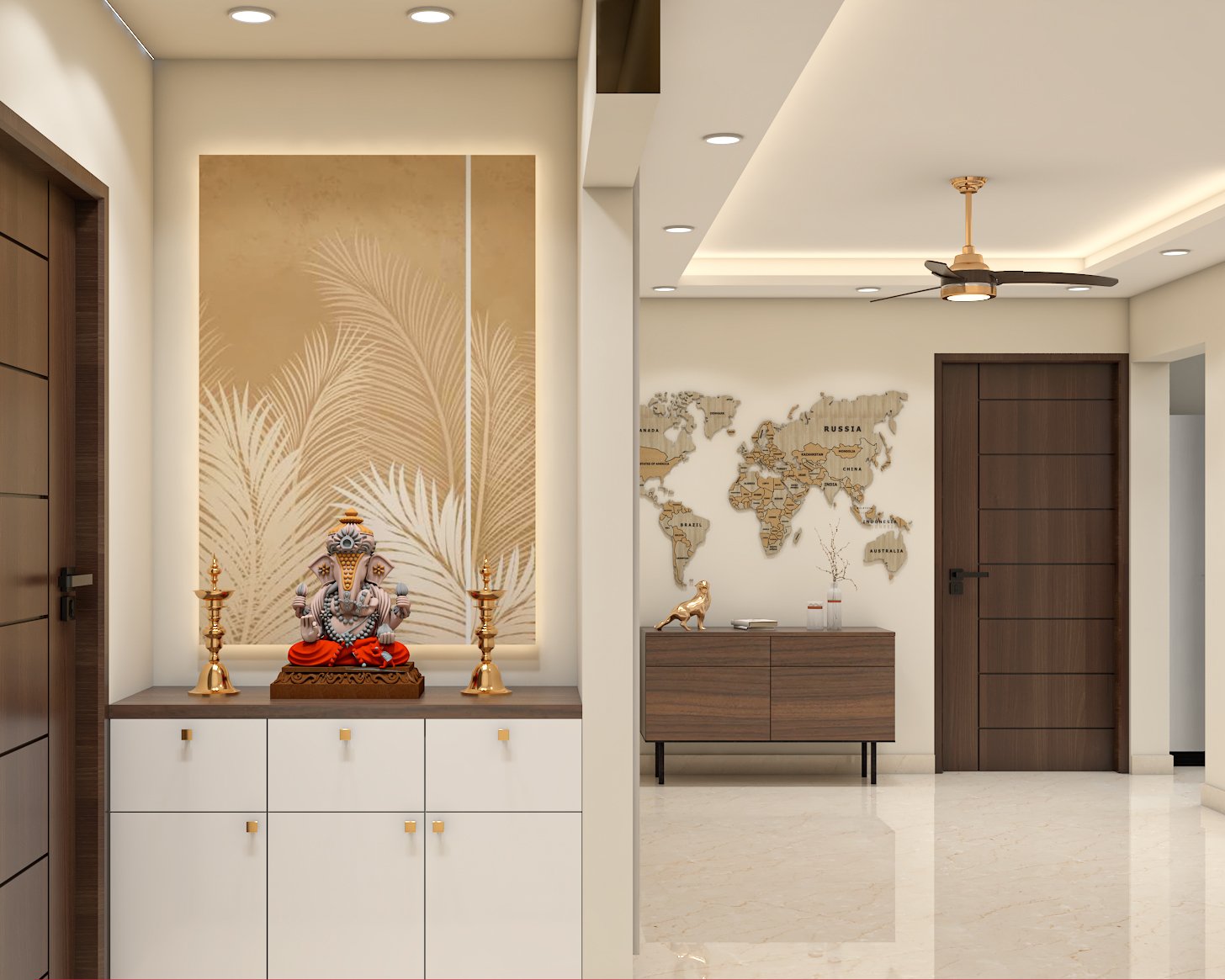 Contemporary Pooja Unit Design with Soft Backlit Leaf Design