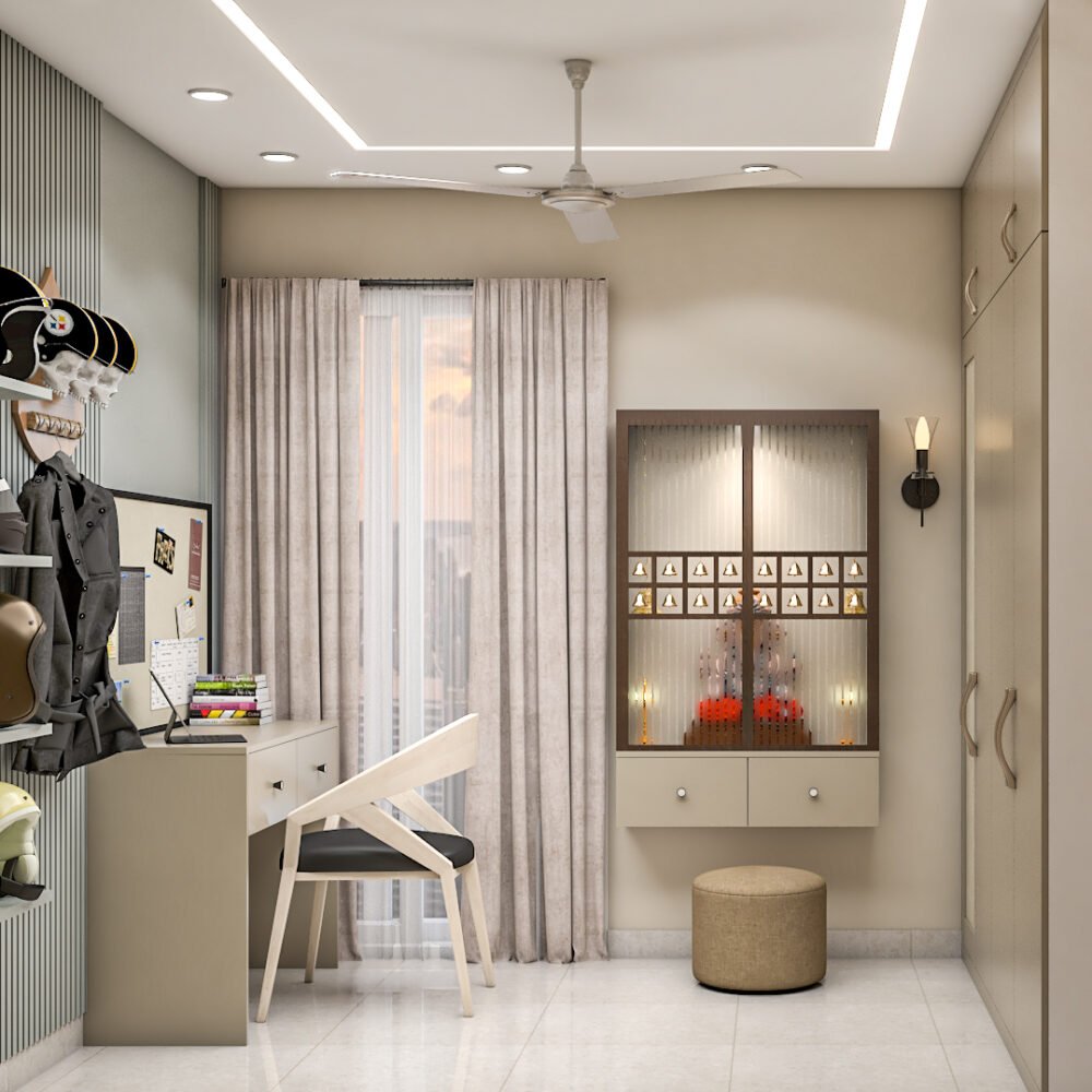 Modern Wall-Mounted Pooja Unit Design with Glass Doors and Drawer Storage