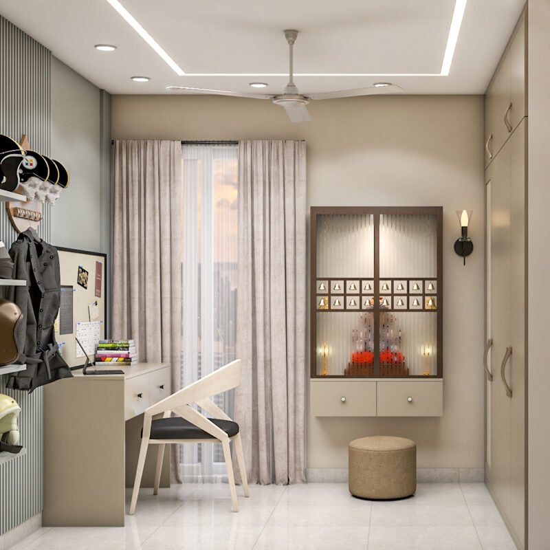 Modern Wall-Mounted Pooja Unit Design with Glass Doors and Drawer Storage