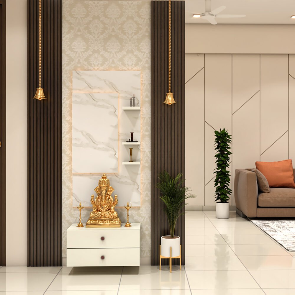 Wall-Mounted Modern Pooja Unit Design with Drawers and Decorative Shelves