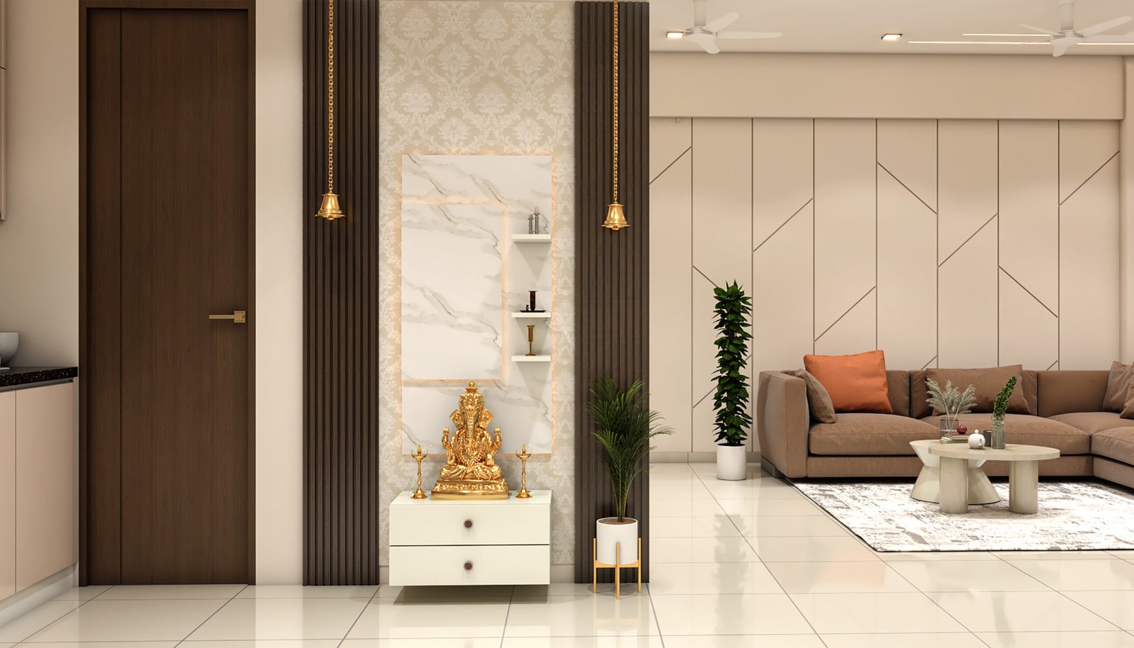 Wall-Mounted Modern Pooja Unit Design with Drawers and Decorative Shelves