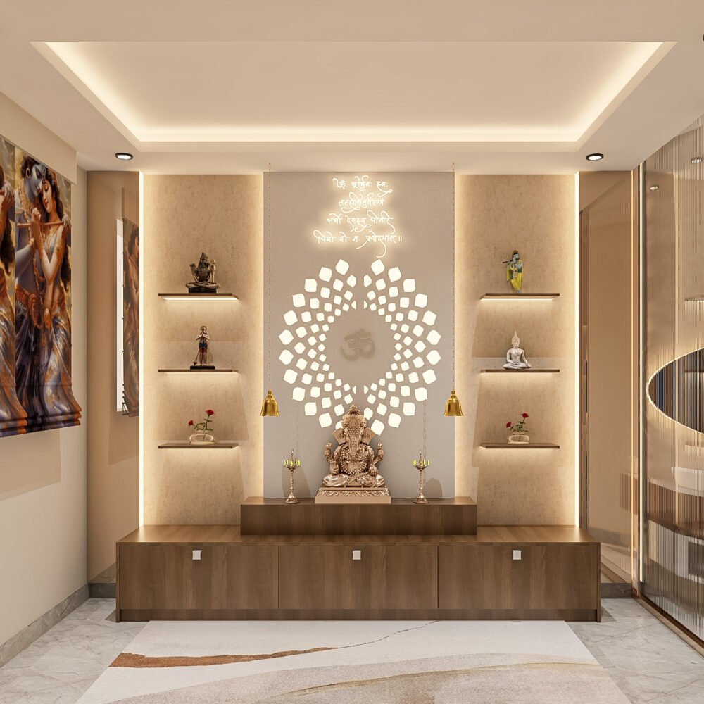 Traditional Walnut Bronze Pooja Room Design with LED-Lit Om Panel