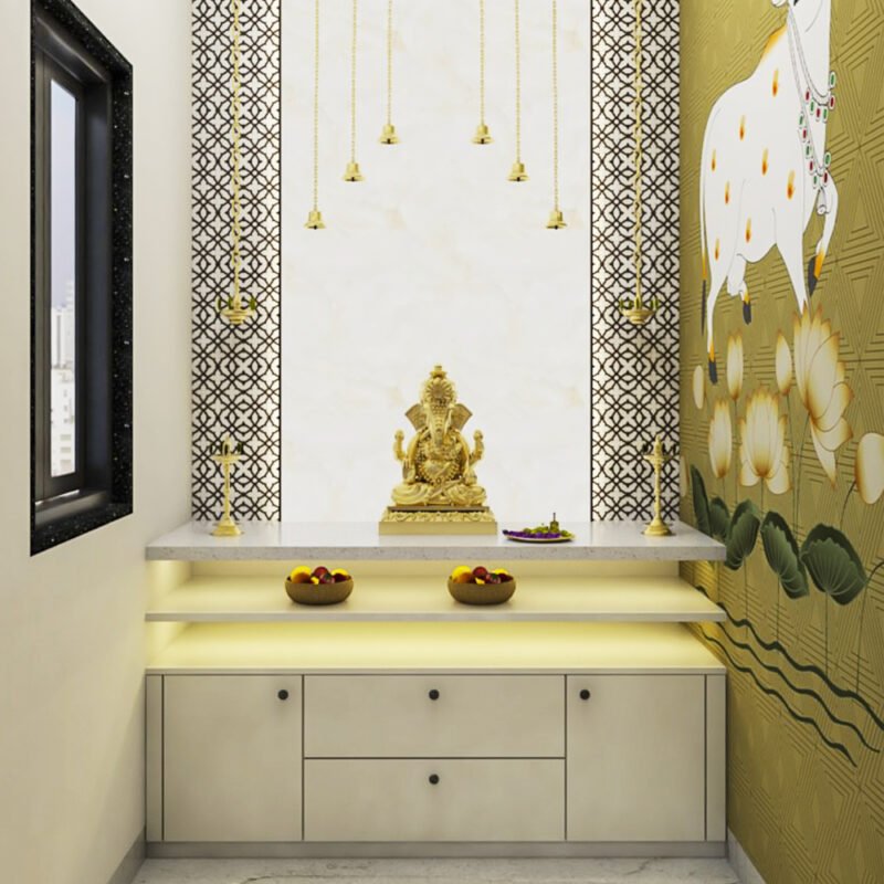 Modern Pooja Room Design in Champagne with Suede Laminate Finish
