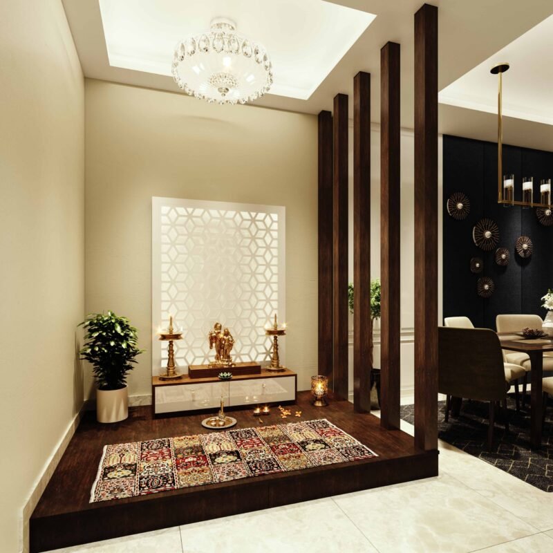 Acacia and White Modern Floor-Mounted Pooja Unit Design