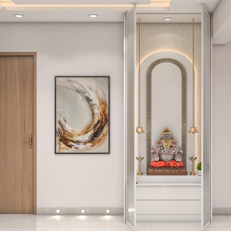 Modern White Pooja Unit Design with Arch and Suspended Bells