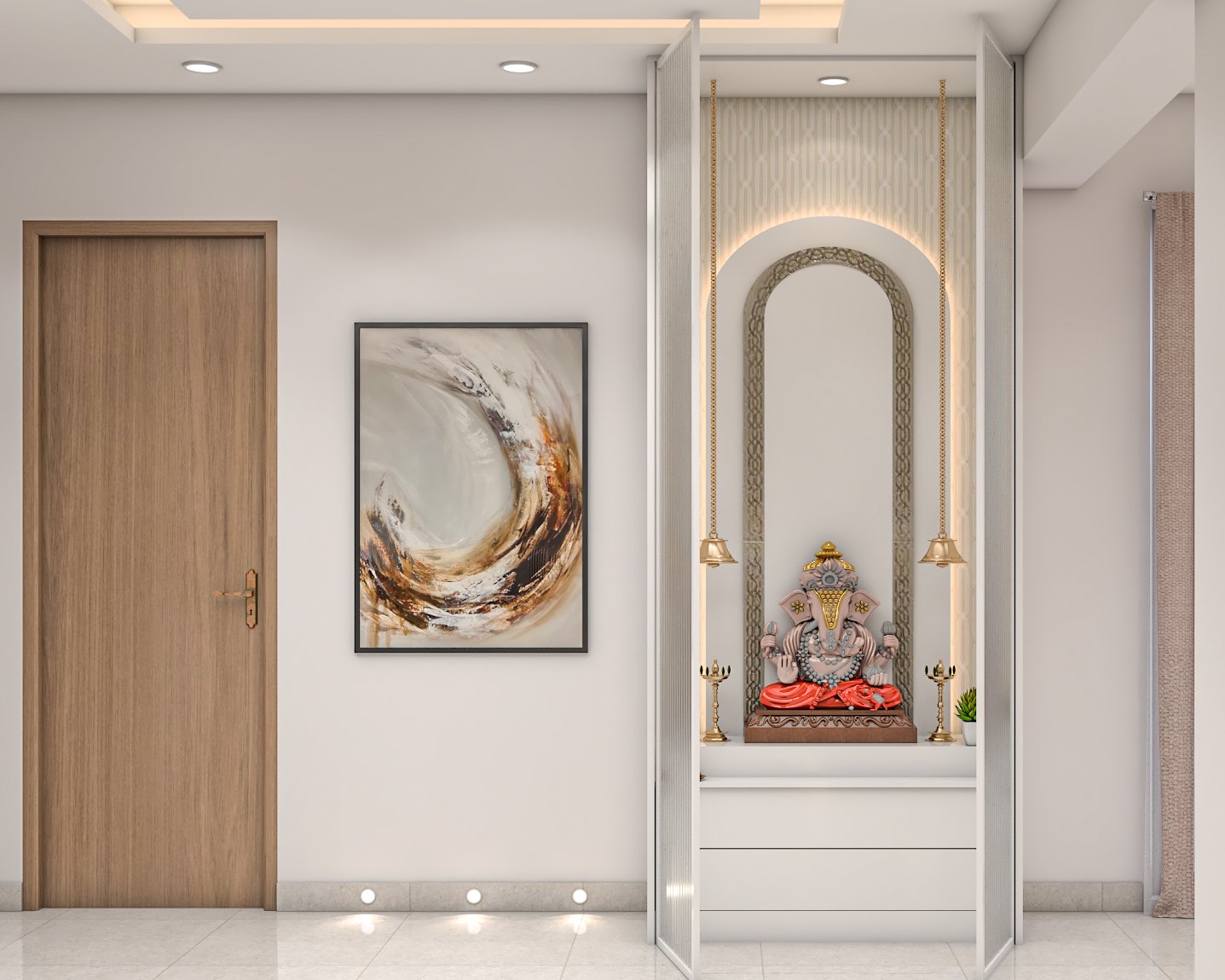 Modern White Pooja Unit Design with Arch and Suspended Bells