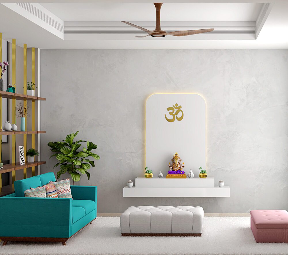 Minimal Wall-Mounted Pooja Unit Design with Illuminated Om Backdrop