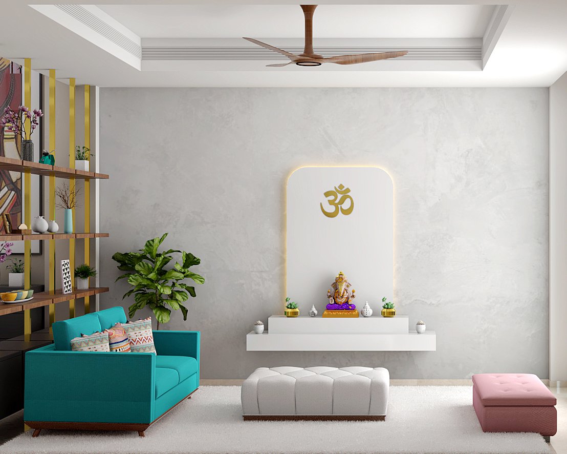 Minimal Wall-Mounted Pooja Unit Design with Illuminated Om Backdrop