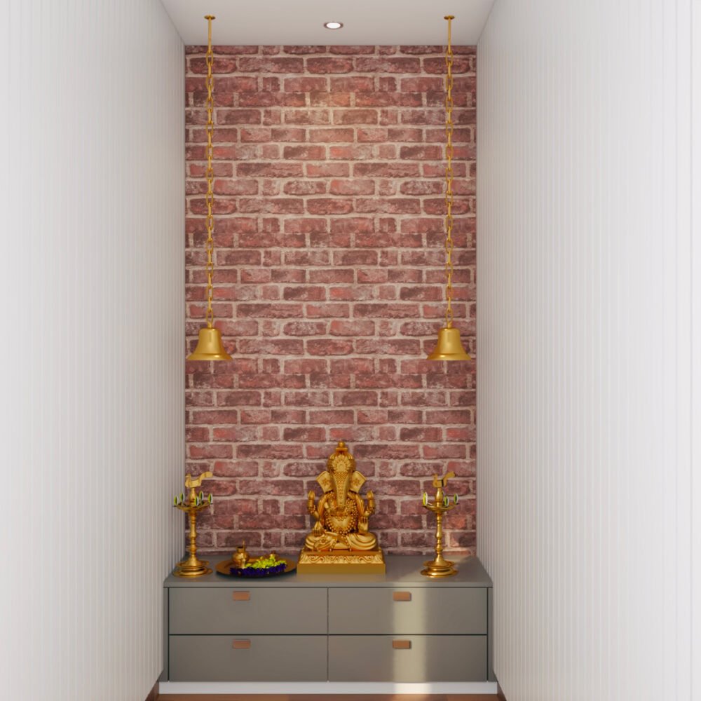 Contemporary Pooja Unit Design with Brick Wall and Brass Accents
