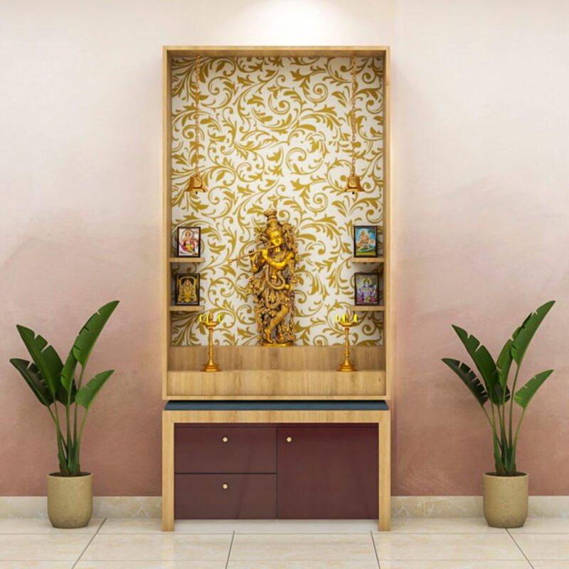 Modern Walnut Bronze Pooja Unit Design with Ornate Backdrop