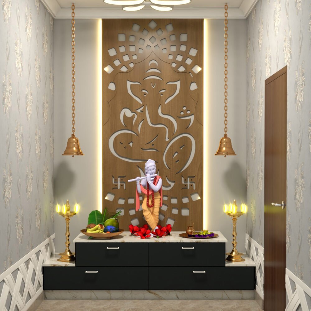 Contemporary Slate Pooja Room Design with Wooden Backdrop