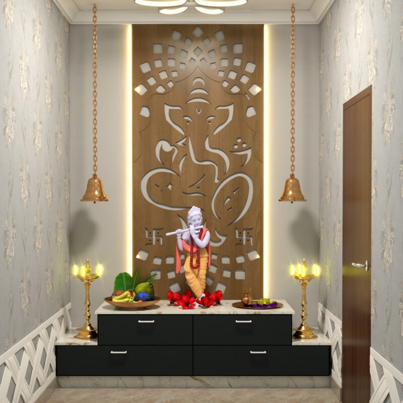 Contemporary Slate Pooja Room Design with Wooden Backdrop