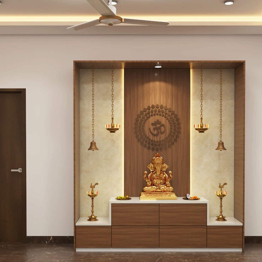 Traditional Walnut Pooja Unit Design with Engraved Om Symbol