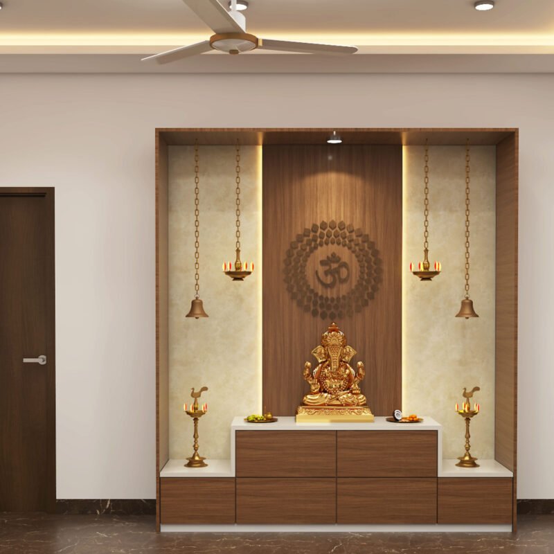 Traditional Walnut Pooja Unit Design with Engraved Om Symbol