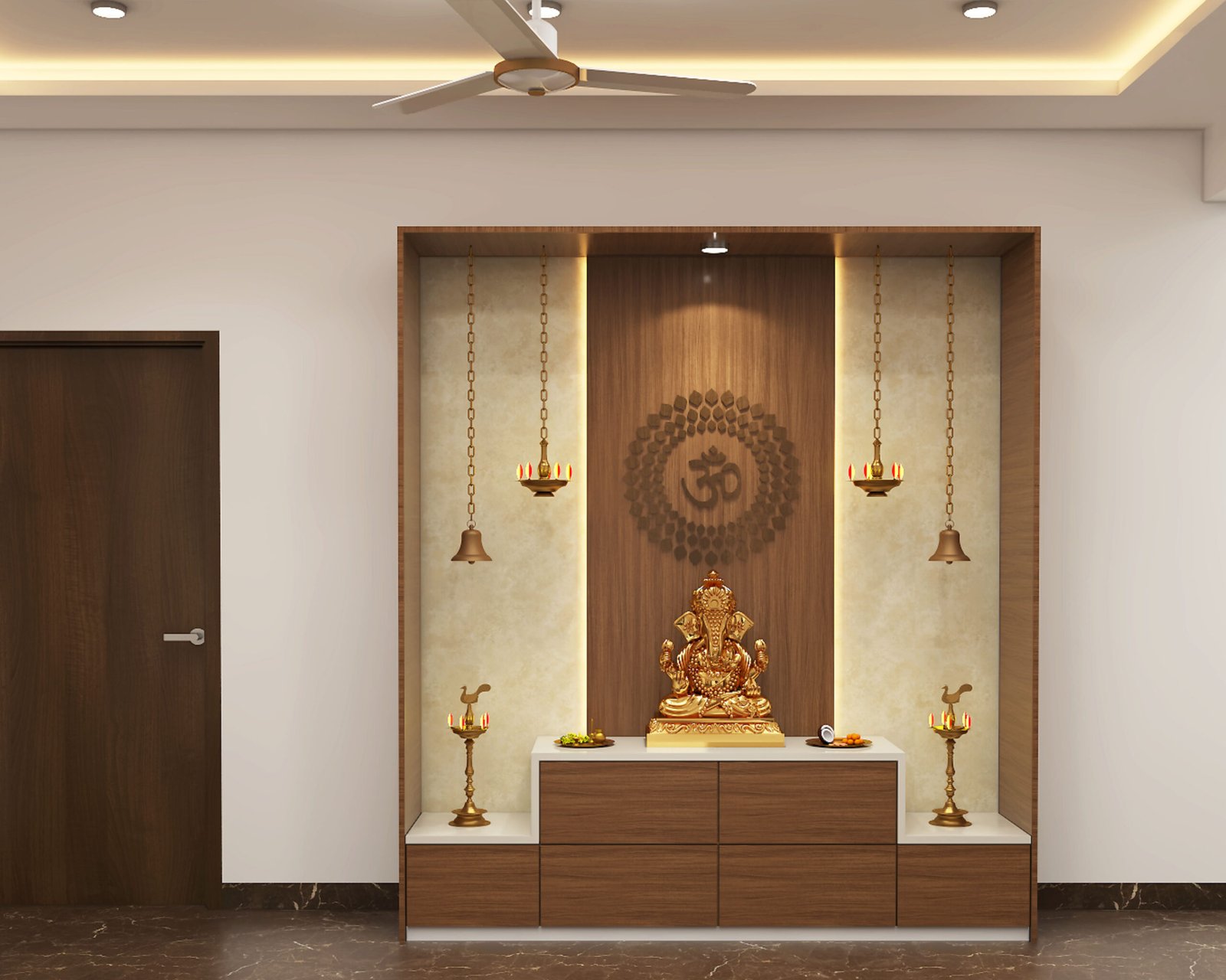 Traditional Walnut Pooja Unit Design with Engraved Om Symbol