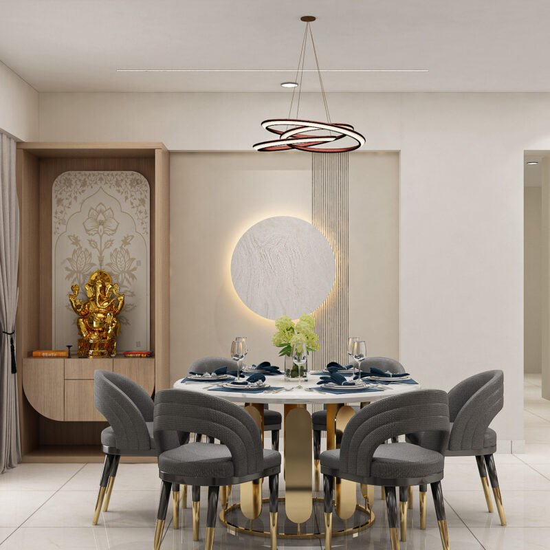 Contemporary Pooja Unit Design with Gold Ganesha Idol and Backlit Panel