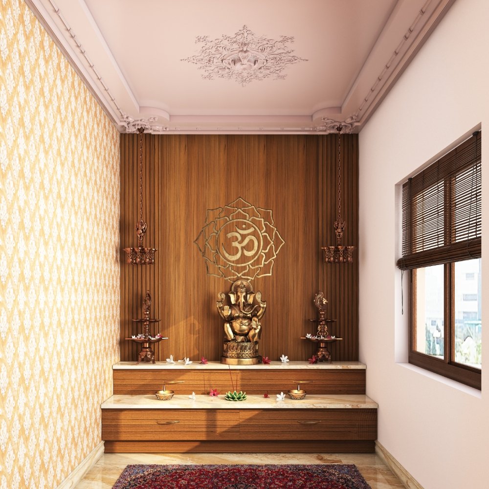 Brown Wooden Wall Panels Wall Design for Pooja Room
