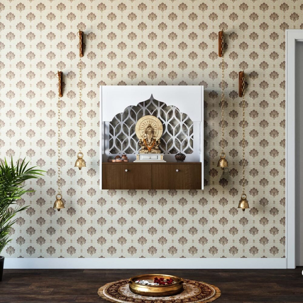 Traditional Wall-Mounted Pooja Unit Design with 3D Damask Design Wallpaper
