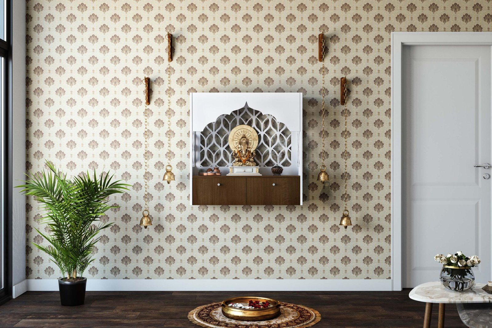 Traditional Wall-Mounted Pooja Unit Design with 3D Damask Design Wallpaper