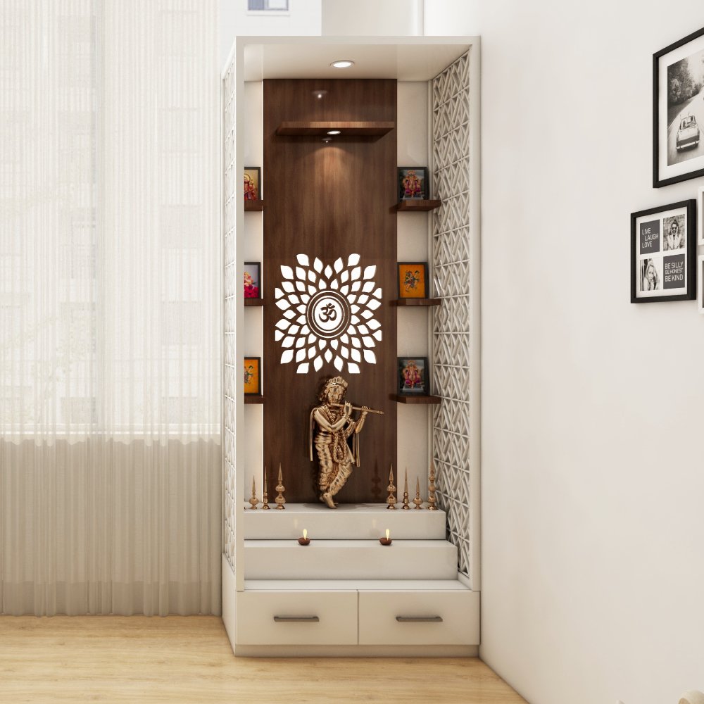 Modern Pooja Unit Design with Geometric Cutout and Warm Wooden Backdrop