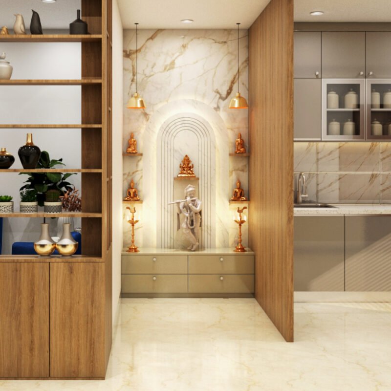 Modern Pooja Unit Design with Drawer Storage and Arch Wall Panels