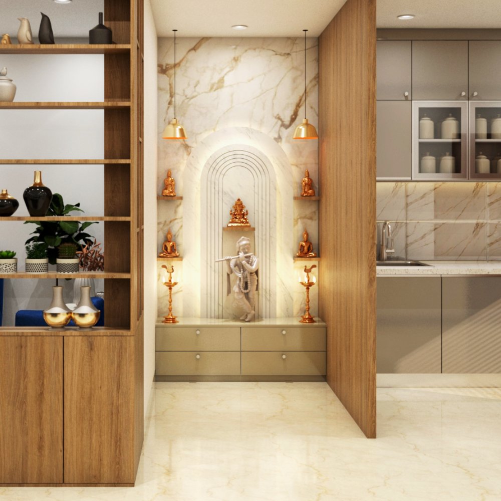 Modern Pooja Unit Design with Drawer Storage and Arch Wall Panels