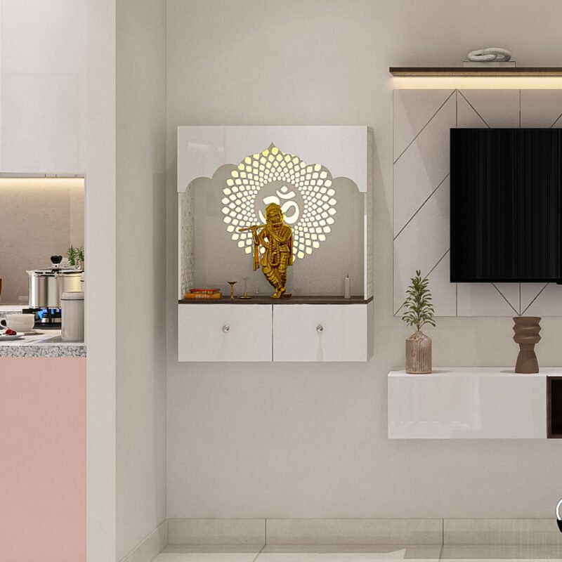 Modern Wall-Mounted White Pooja Unit Design with OM Mandala Design