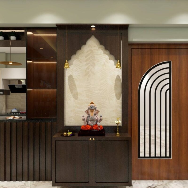 Modern Pooja Unit Design with Closed Storage and Beige Wallpaper