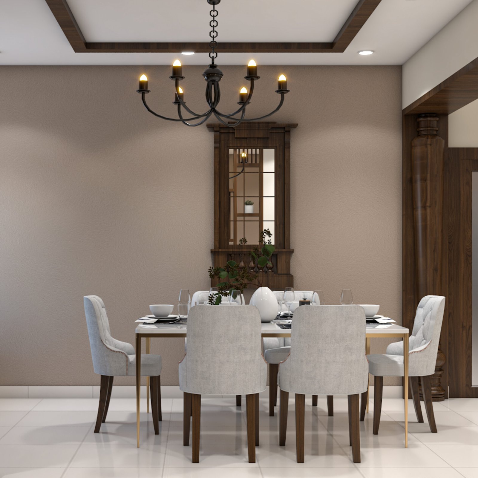 Contemporary Dining Room Design with Display Cabinet and Neutral Palette