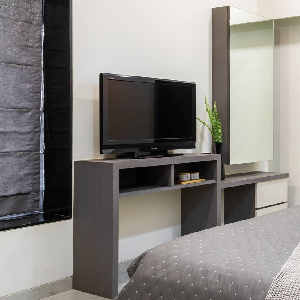 Modern Dark Grey Study Room Design With Open Shelves