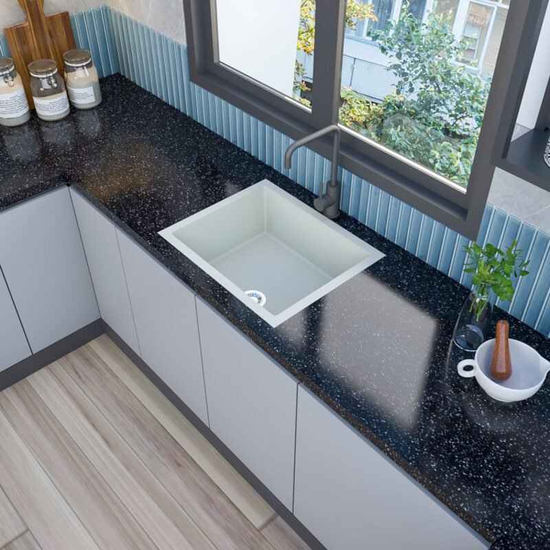 Modern White Quartz Kitchen Sink Design With Black Countertop