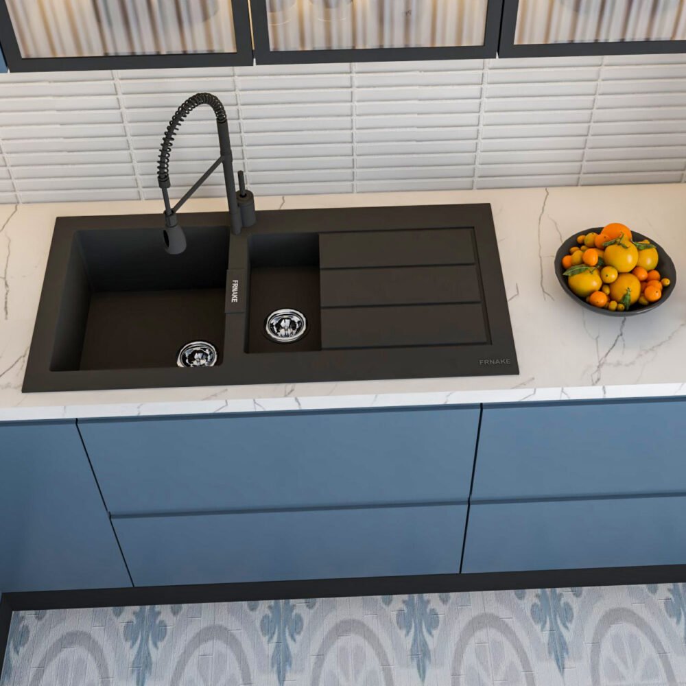 Contemporary Black Quartz Double Bowl Basin Wash With Drainboard