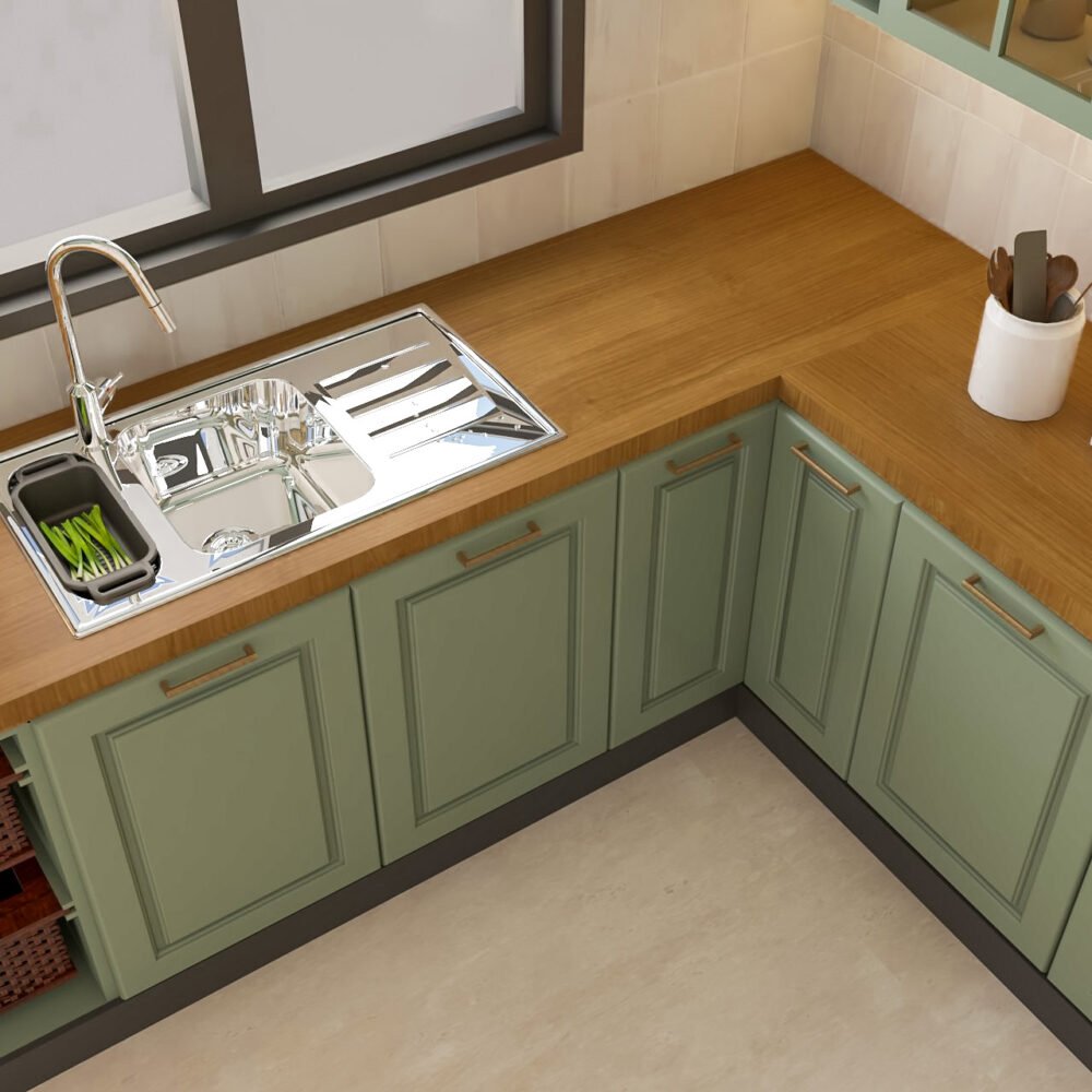 Modern Stainless Steel Double Bowl Basin Wash With Drainboard And Wooden Countertop