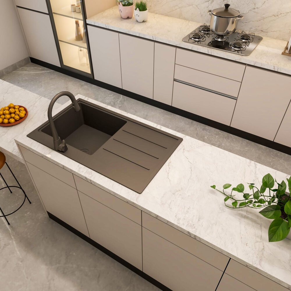 Contemporary Black Quartz Top Mount Basin Wash With Drainboard