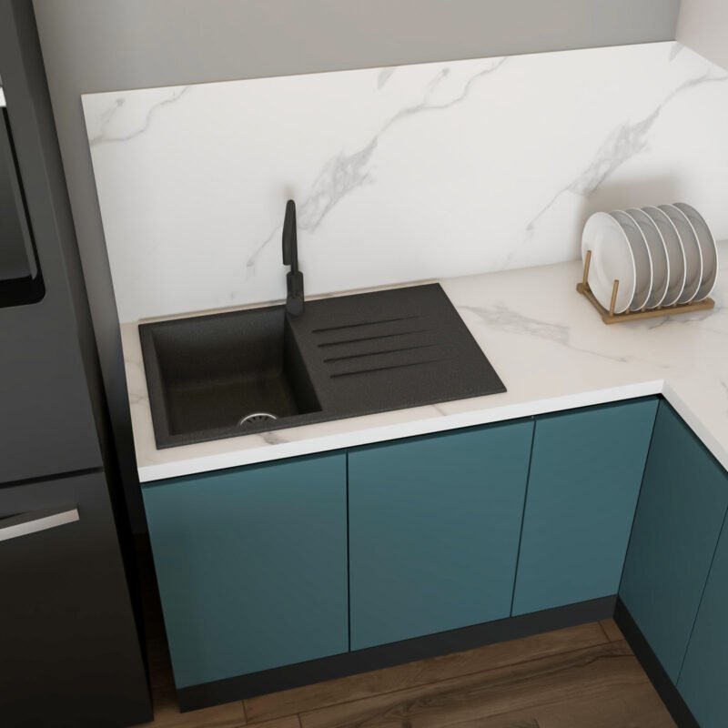 Contemporary Black Quartz Kitchen Sink Design With Single Bowl And Drainboard