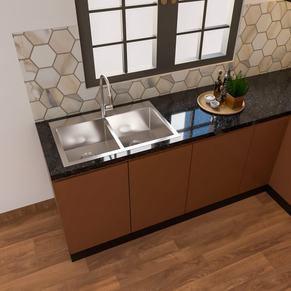 Modern Stainless Steel Kitchen Sink With Double Bowl And Black Countertop