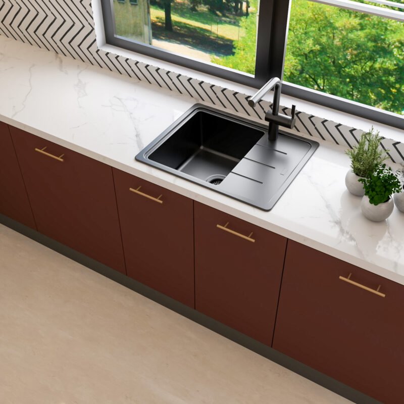 Top Mount Modern Black Quartz Kitchen Sink Design With Drainboard