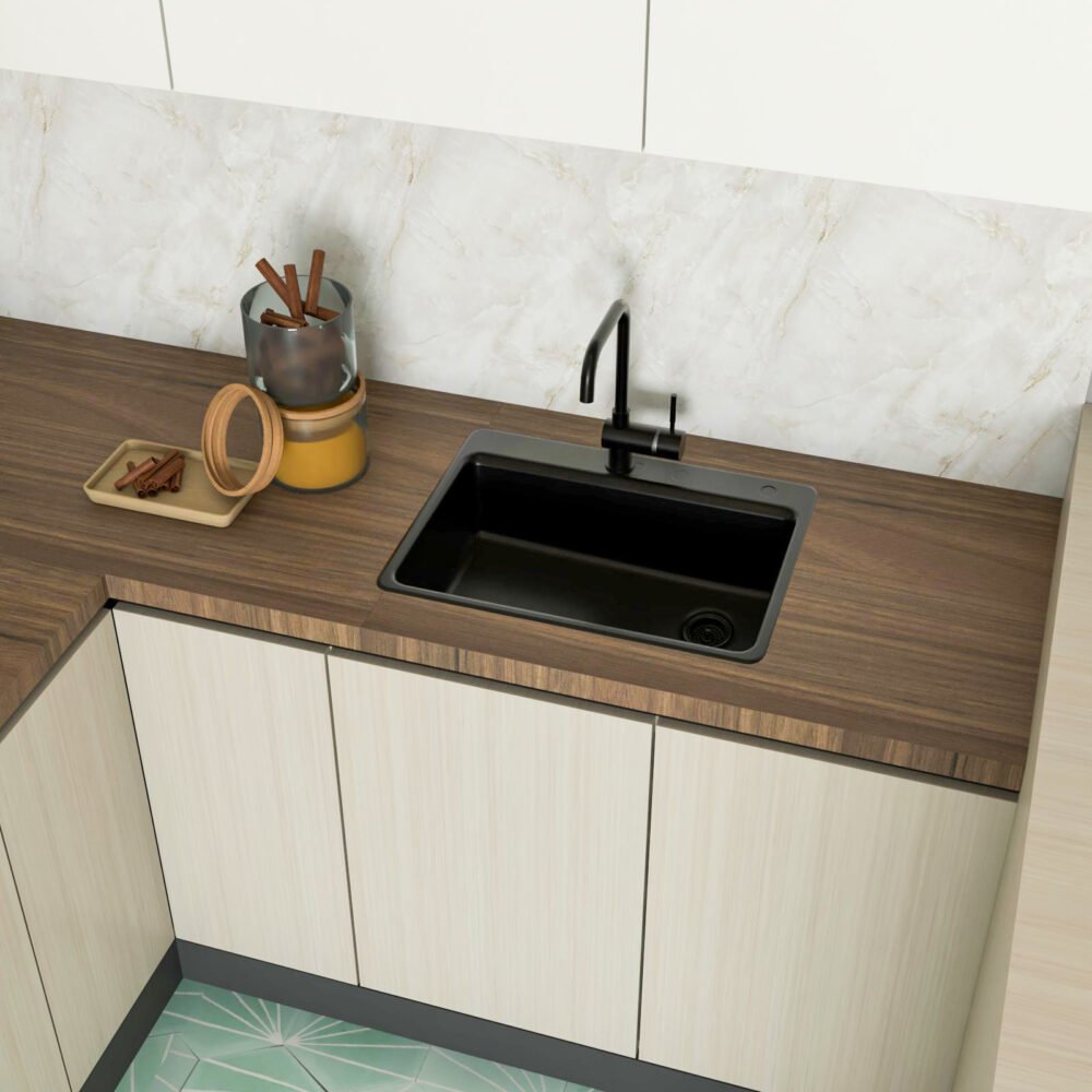Modern Black Quartz Top Mount Basin Wash With Wooden Countertop