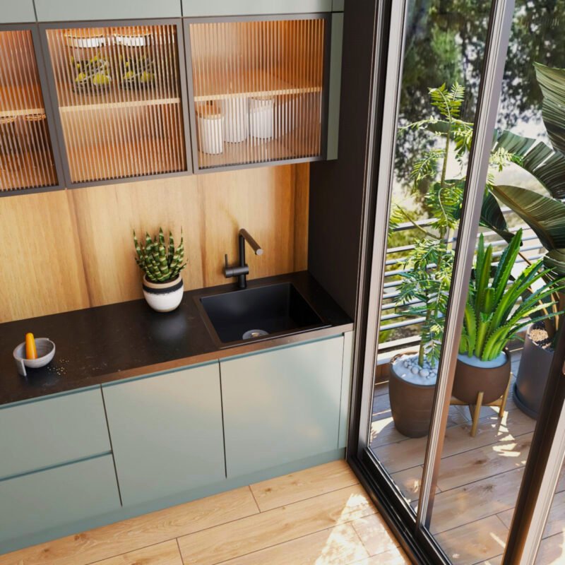 Modern Top Mount Basin Wash With Black Quartz Single Bowl