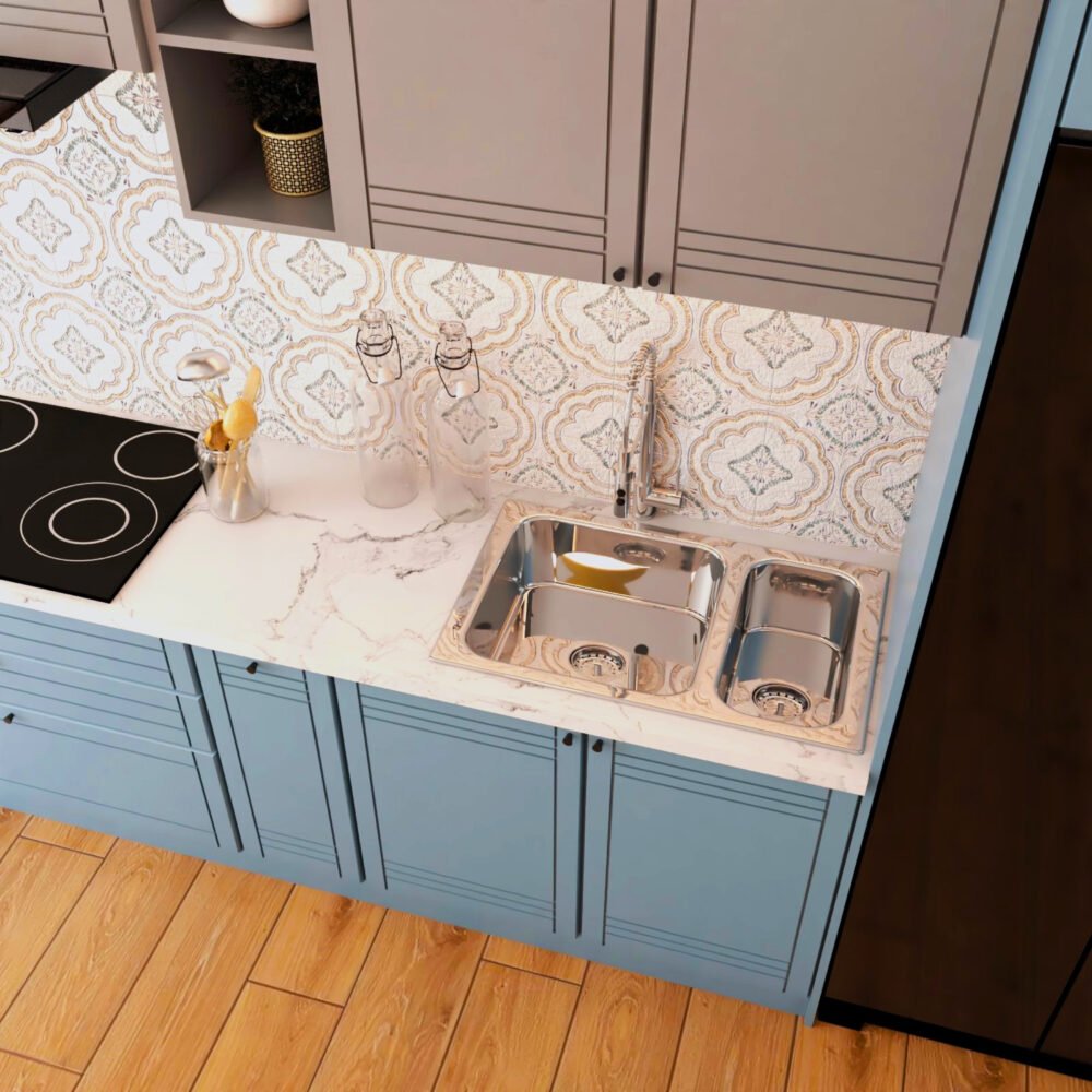 Modern Stainless Steel Top Mount Kitchen Sink Design With White Countertop