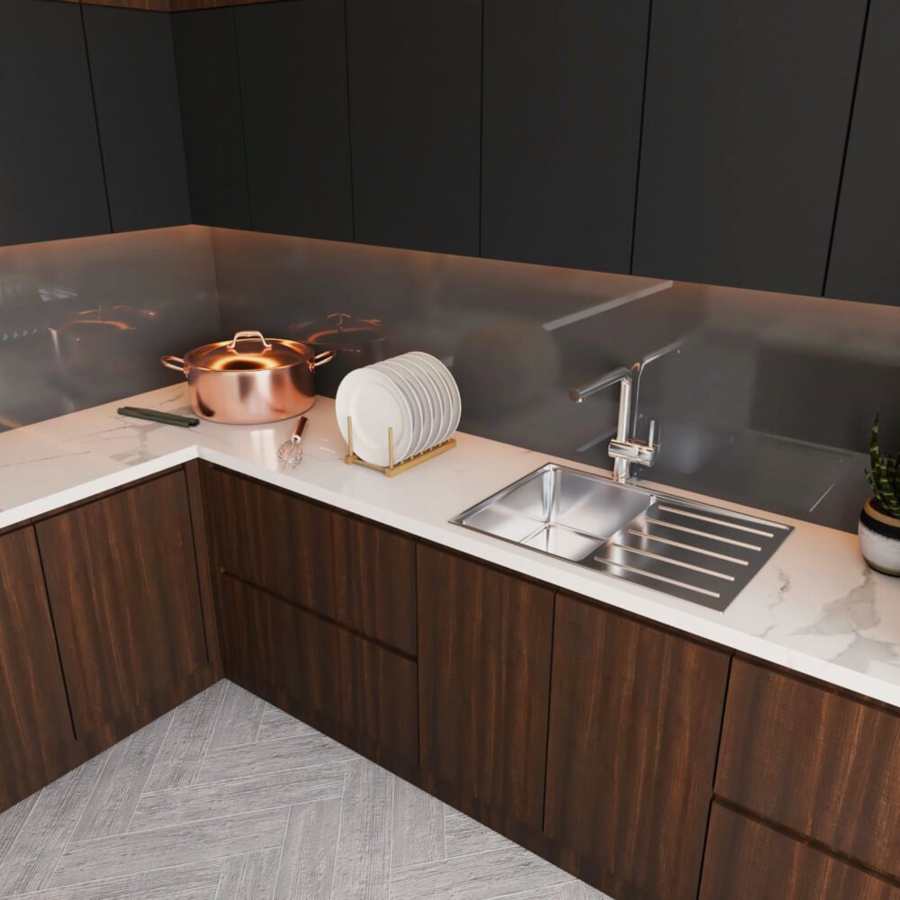 Modern Stainless Steel Kitchen Sink Design With Wooden Cabinet Design