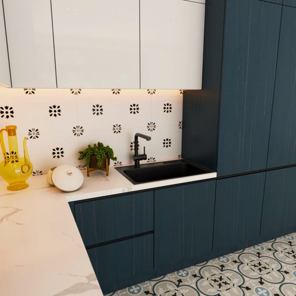 Modern Black Granite Top Mount Single Bowl Basin Wash With Blue Cabinets