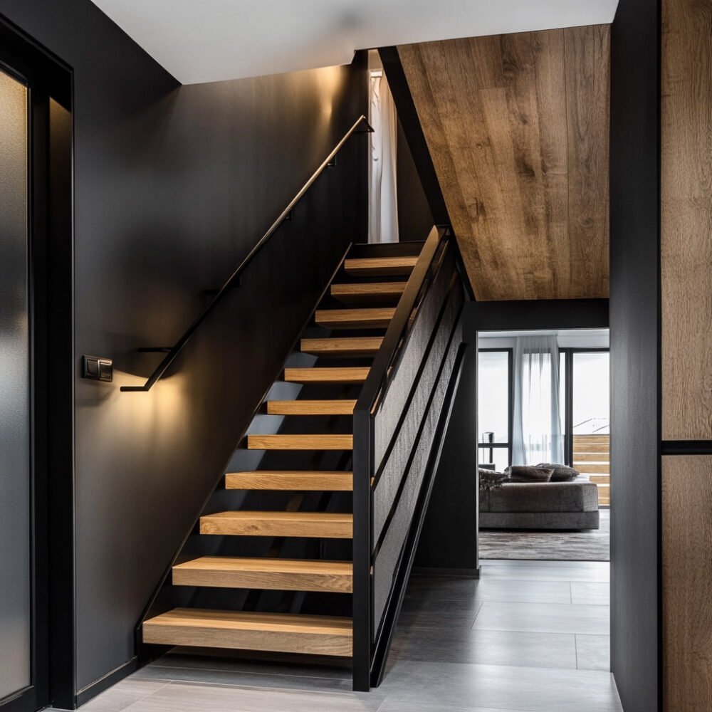 Industrial Wood and Metal Straight Staircase Design
