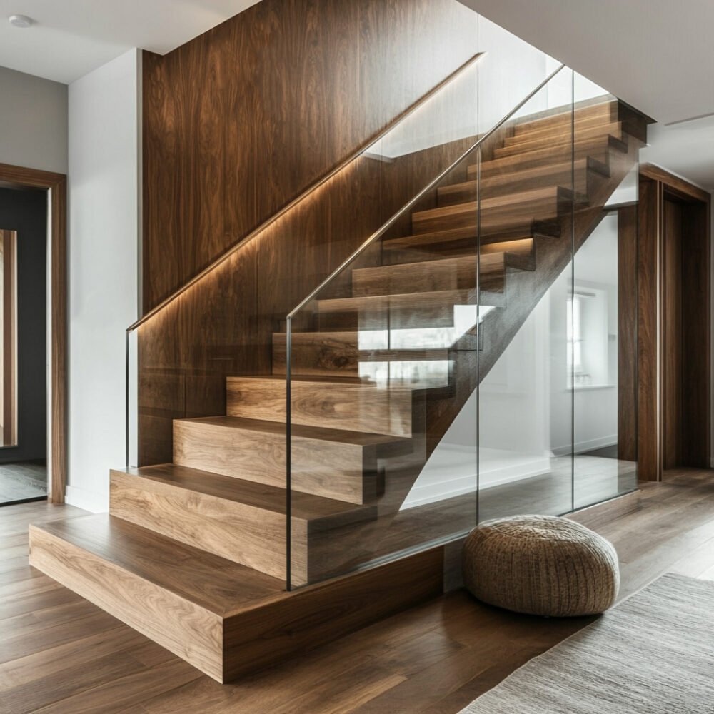 Modern Straight Staircase Design with Wood and Glass Elements