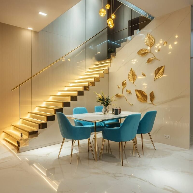 Modern L-Shaped Staircase Design with Metal Frame and Glass Panels
