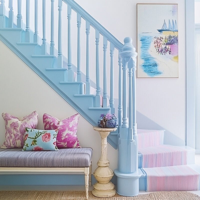 Soft Blue Coastal Staircase Design with Bottom Curve Detail