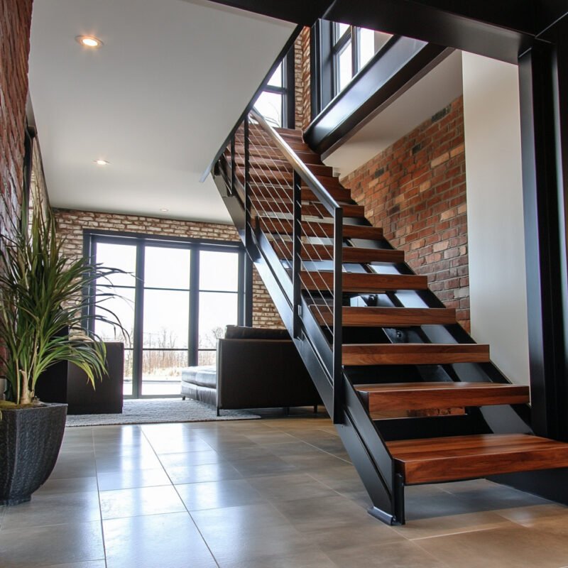 Industrial Style Straight Staircase Design with Wood and Metal Elements