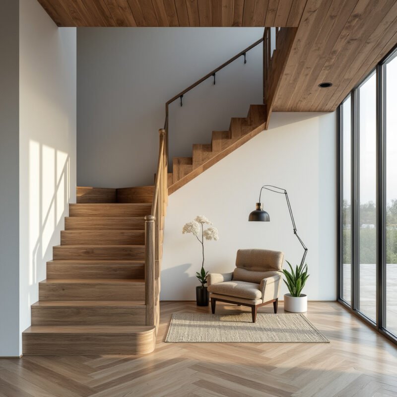 U-Shaped Wooden Staircase Design with Modern Center Steps Design